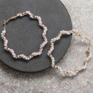 VINTAGE GOLD-TONE AND FAUX PEARL TWISTED LOOPED LEVERBACK 2.2" EARRINGS